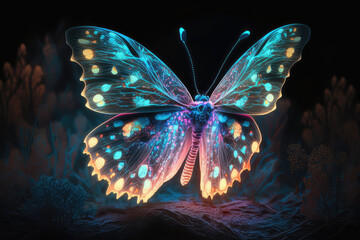 Night glowing butterflies on dark abstract background. (ai generated) - obrazy, fototapety, plakaty