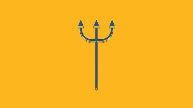 Blue Neptune Trident icon isolated on orange background. 4K Video motion graphic animation