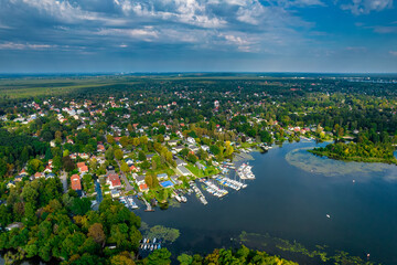 Filming by a quadcopter above Yaht Club. Lake Muggelsee, Germany.