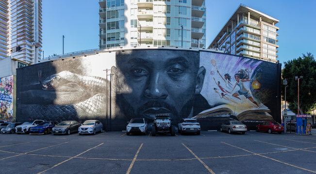 Los Angeles, United States - November 19, 2022: A picture of the Kobe Bryant Grana mural, featuring artwork by Odeith and Nikkolas Smith, was created in 2022.