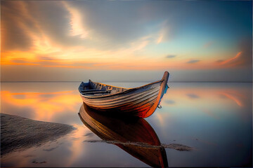Tranquil sunset scene with rustic wooden boat resting on calm waters, reflecting vibrant skies. Ideal for serene backdrops, nature, and peaceful meditation.    generative ai  