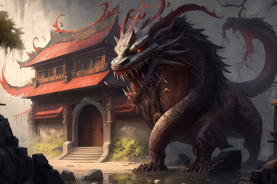 Digital painting fantasy painting of a chinese temple and giant dragon digital illustration, illustration painting (ai generated)
