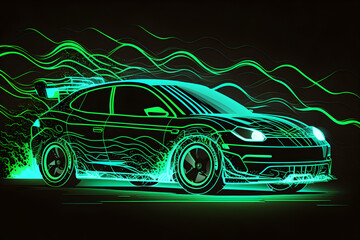 Naklejka premium Green glowing in the dark car on high speed