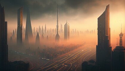 Naklejka na ściany i meble A sprawling metropolis enveloped in a thick smog. Generative AI