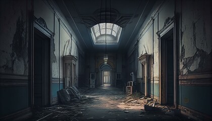 Fototapeta na wymiar A creepy, abandoned hospital with flickering lights and peeling wallpaper. Generative AI