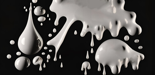 Drops of white cream flow down on a black background