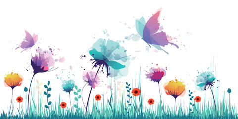 farfalle, impollinazione,  fiori, piante, primavera, campo fiorito, acquarello - obrazy, fototapety, plakaty