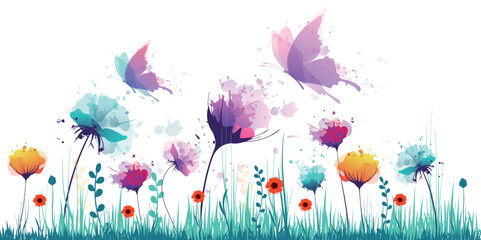 farfalle, impollinazione,  fiori, piante, primavera, campo fiorito, acquarello - obrazy, fototapety, plakaty