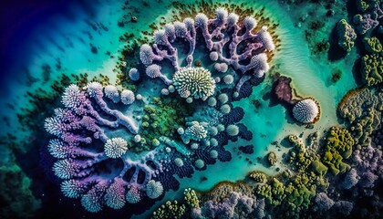 A breathtaking aerial view of a coral reef 50mm lens f2.8 ethereal telephoto lens  Generative AI