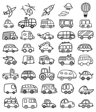 Land and air vehicles doodles as if drawn by a child. A set of 41 pieces. Generative AI