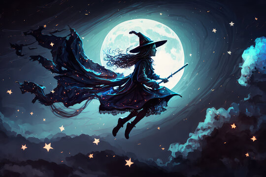 A witch flying on a broomstick, with bats accompanying her in front of the full moon. Digital painting. (ai generated)