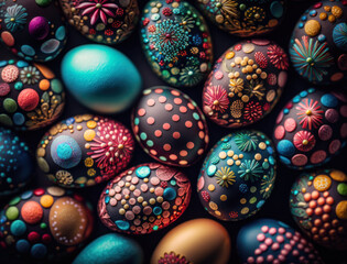 Fototapeta na wymiar Happy Easter background concept with colorful easter eggs flat lay created with Generative AI technology