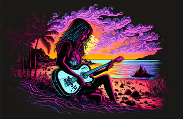 A young woman on vacation plays guitar with a fluorescent glow in front of a sunset that illuminates palm trees and the ocean. Black background for a memorable effect. Generative AI