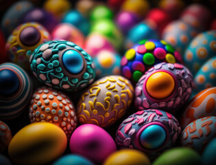 Happy Easter background concept with  colorful easter eggs flat lay created with Generative AI technology