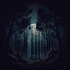 Dark forest in the middle of the night