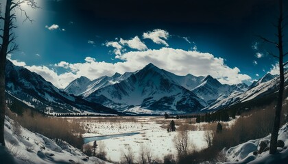 A breathtaking view of a snowy mountain range 35mm lens f/8 naturalistic wide  Generative AI