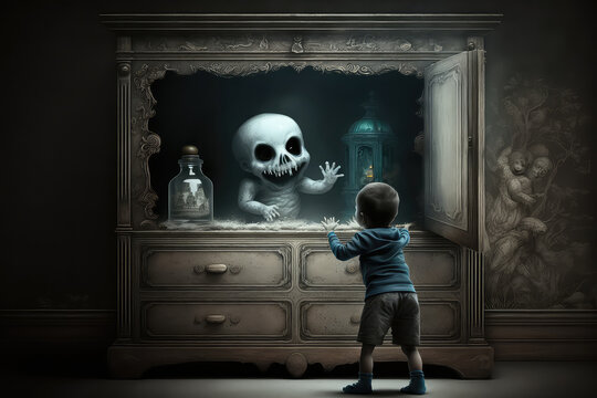  illustration painting of The child scaring to see the hands sticking out from the old cabinet, digital art style (ai generated)
