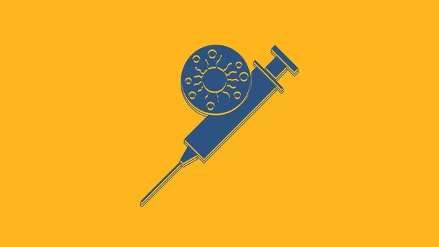 Blue Syringe and virus icon isolated on orange background. Syringe for vaccine, vaccination, injection, flu shot. Medical equipment. 4K Video motion graphic animation