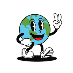 Earth cartoon retro. by the hand of peace. earth mascot illustration