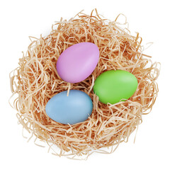 Straw nest filled with white eggs, top view isolated on transparent background. Happy Easter decorations, template for tag, gift greeting card, advertising promo shopping banner or ticket price