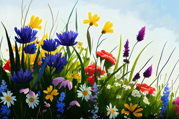 Fototapeta na wymiar Natural flower meadows landscape Colorful natural flower. Generative Ai