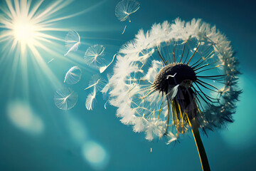 Dandelion with seeds blowing away in the wind across a blue sky. Generative Ai