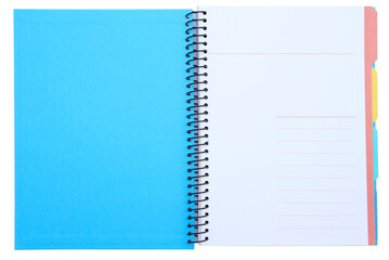 Blue spiral notebook opened on transparent background png file.