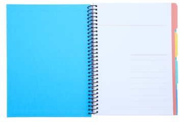 Blue spiral notebook opened on transparent background png file.