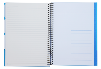 Blue spiral notebook opened with index on transparent background png file.