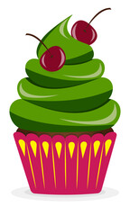 Delicious cupcake with cream and fruits and berries. Vector illustration dessert. Cupcake for cards and invitations.