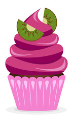 Delicious cupcake with cream and fruits and berries. Vector illustration dessert. Cupcake for cards and invitations.