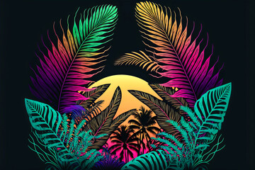 Fototapeta na wymiar A hymn to the bright colors of the sunset behind vibrant tropical leaves, which stretches over a black background. Emotions, colors and atmosphere guaranteed. Generative AI