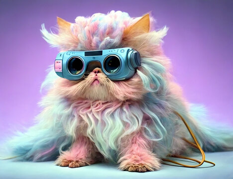 Fairy Kei style persian cat in fashionable design, wearing vr headset.