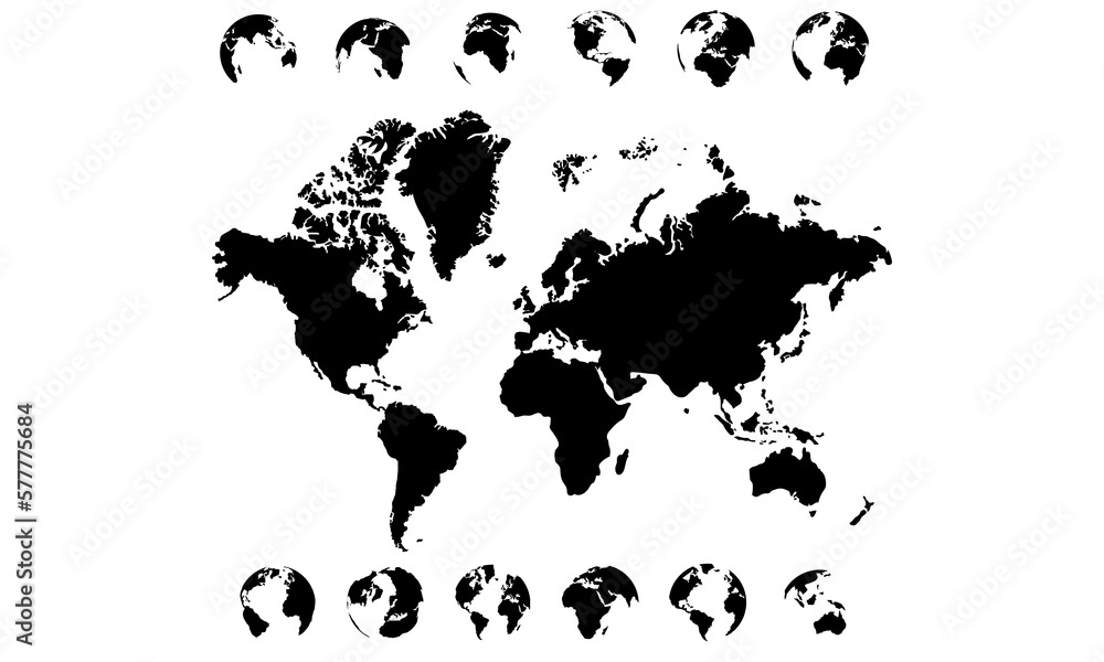 Poster illustration of an abstract set of a black globe and a world map, vector graphics of a world map eps