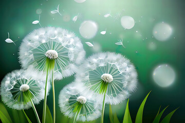 Vector of spring background with white dandelions. Generative Ai