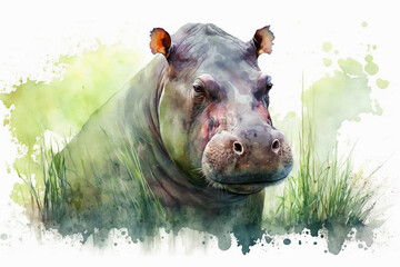 Watercolor painting of peaceful hippo with copy space for text. Beautiful artistic animal portrait for poster, wallpaper, art print. Made with generative AI. - obrazy, fototapety, plakaty