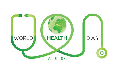 World Health day  2023 .World health day concept text design with doctor stethoscope with world map vector.