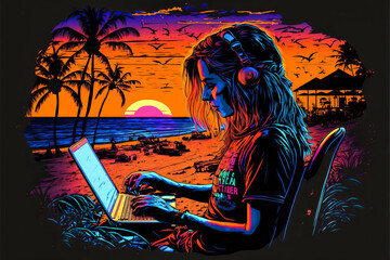 Young woman working on her laptop remotely, on a paradisiacal beach with palm trees and a sunset, testifying to the remote work. Generative AI
