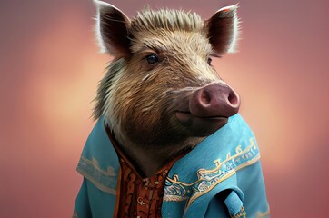 Boar On Colorful Background Wearing Pastel Clothing With Copyspace Generative AI