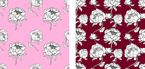 Floral pattern drawn with thin lines in vector format. Seamless floral pattern. Peonies and leaves on a white background. Flowers sketching. Line art. Ink. Seamless floral fabric print. 