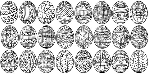 Set of Easter eggs with fantasy patterns, coloring page with swirls and lines