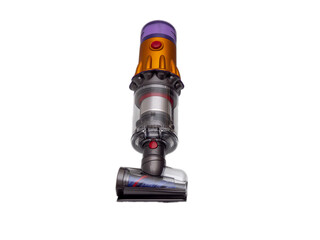 Modern cordless vacuum cleaner isolated on white background. Powerful cordless colorful cyclonic...