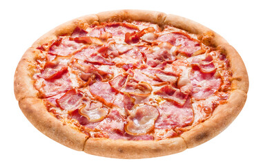 Delicious pizza with bacon, ham, mozzarella and tomato sauce, cut out