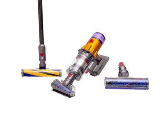 Modern cordless vacuum cleaner isolated on white background. Powerful cordless colorful cyclonic...