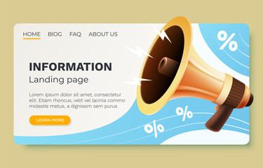 Megaphone landing page banner information, business communication. Vector