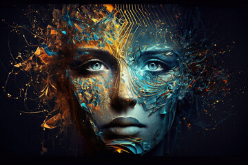 Digital concept art of human echo face created by wires, butterflies, nerves, cables, low poly, paper quilling. Generative AI