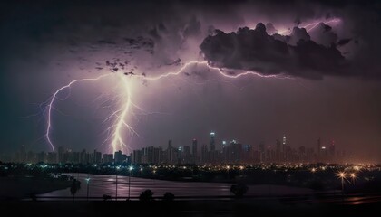 Naklejka na ściany i meble A dramatic lightning storm over a city skyline at night 50mm lens f5.6 intense normal lens Generative AI