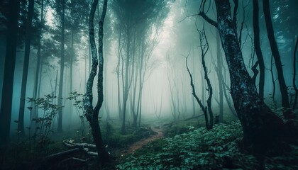 A mesmerizing shot of a dense forest with misty fog covering the trees 35mm lens f4 mysterious wide  Generative AI