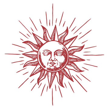 Hand drawn sun with face, decor element. Astrology symbol in vintage engraving style isolated on white background