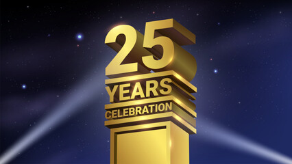 25th Years Celebration, 3D Gold Statue with Spotlights, Luxury Hollywood Light, Vector Illustration